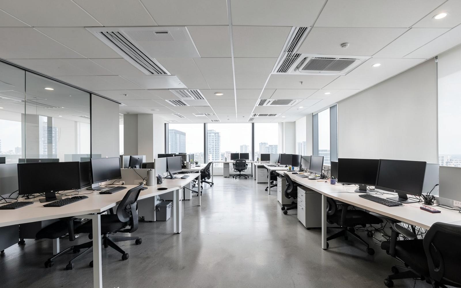 Cassettes de climatisation installées dans un plateau de bureaux à Pérols